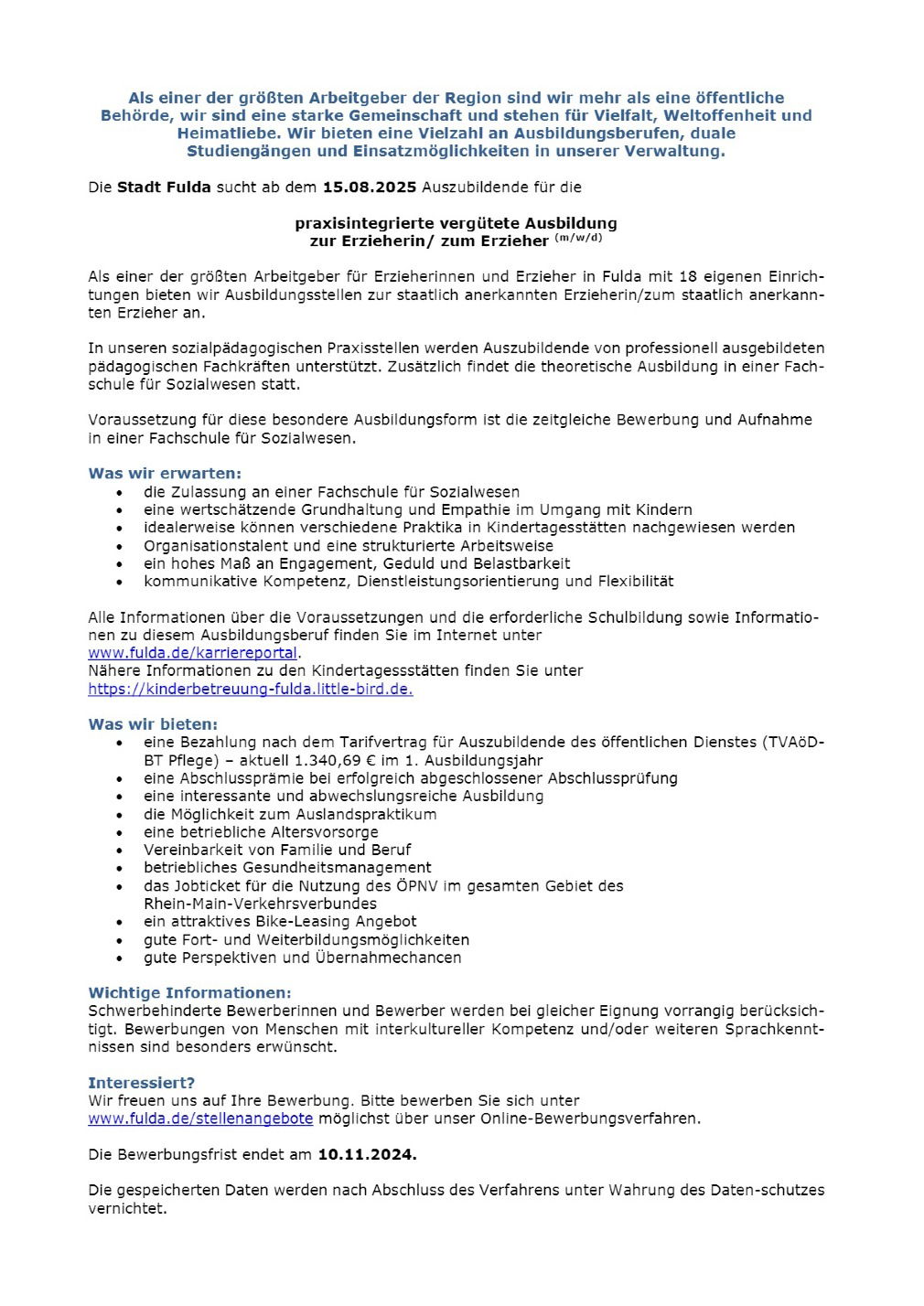 Auszubildender für die praxisintegrierte vergütete Ausbildung zur Erzieherin/ zum Erzieher (m/w/d)