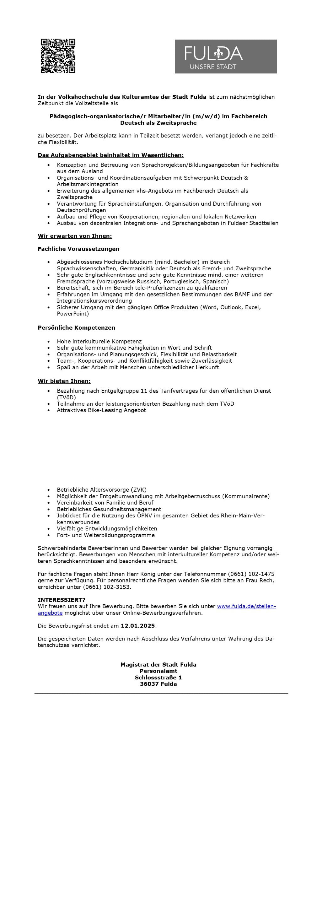 Pädagogisch-organisatorische/r Mitarbeiter/in (m/w/d) im Fachbereich Deutsch als Zweitsprache