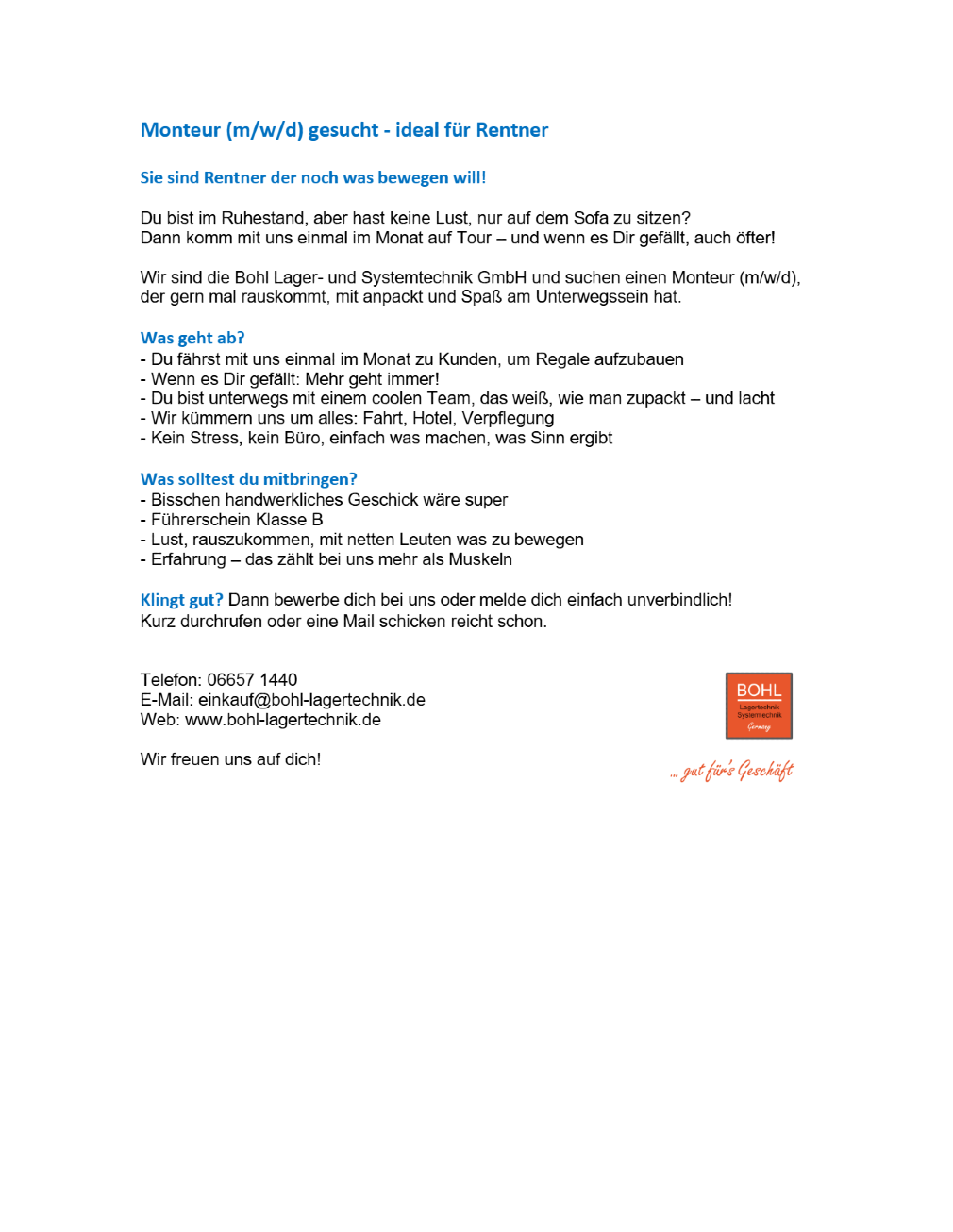 Monteur (m/w/d) -  ideal für Rentner