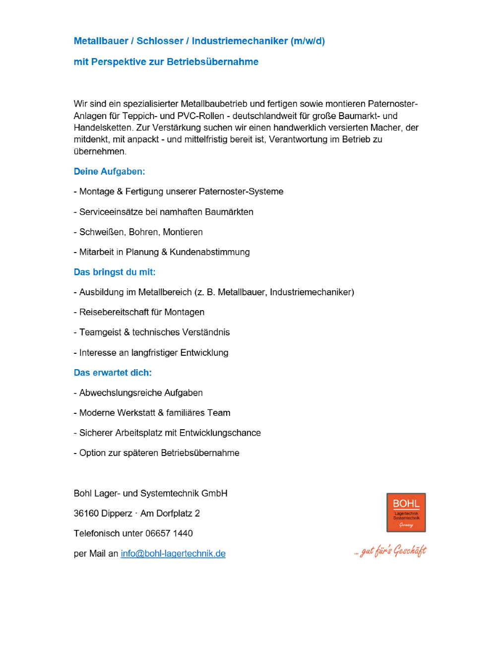 Metallbauer, Schlosser oder Industriemechaniker (m/w/d)