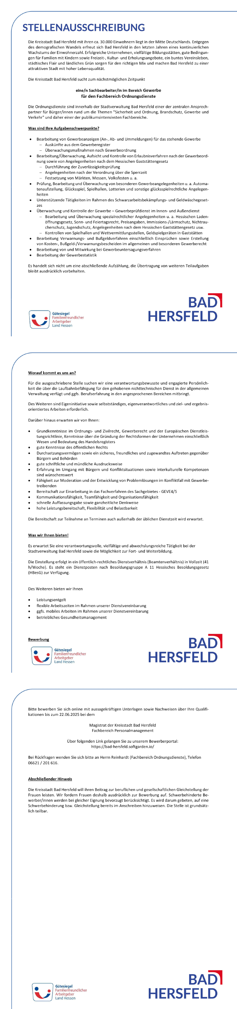 Sachbearbeiter/in (m/w/d) im Bereich Gewerbe für den Fachbereich Ordnungsdienste