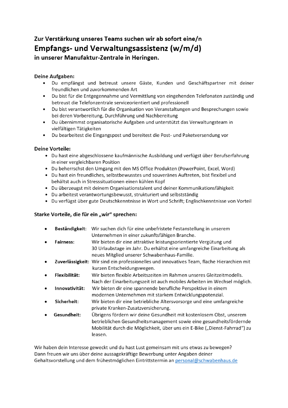 Empfangs- und Verwaltungsassistenz (m/w/d)
