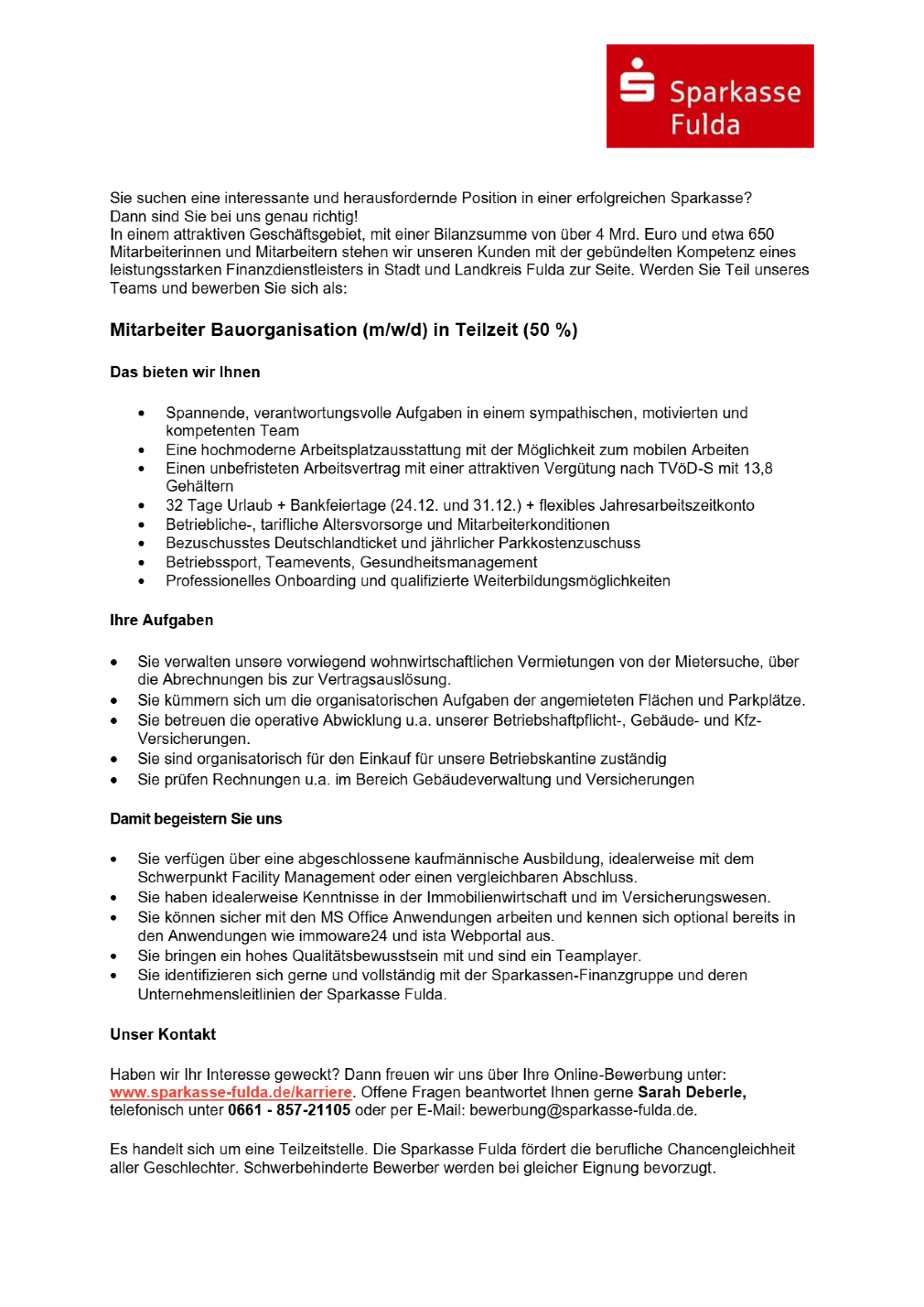 Mitarbeiter Bauorganisation (m/w/d) in Teilzeit (50 %)
