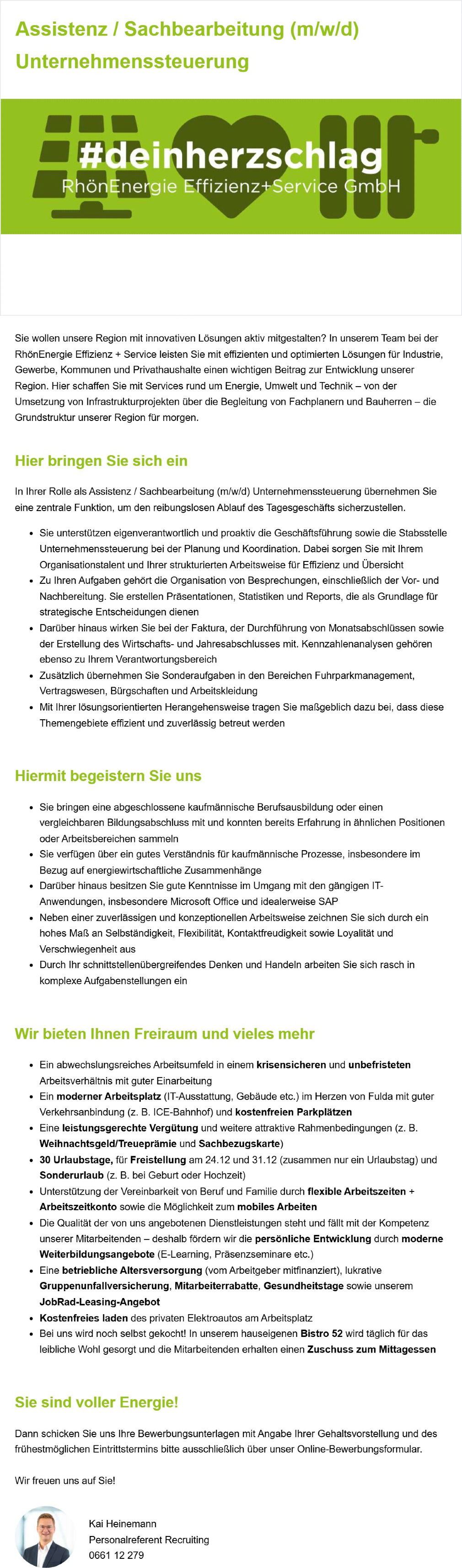 Assistenz / Sachbearbeitung (m/w/d) Unternehmenssteuerung