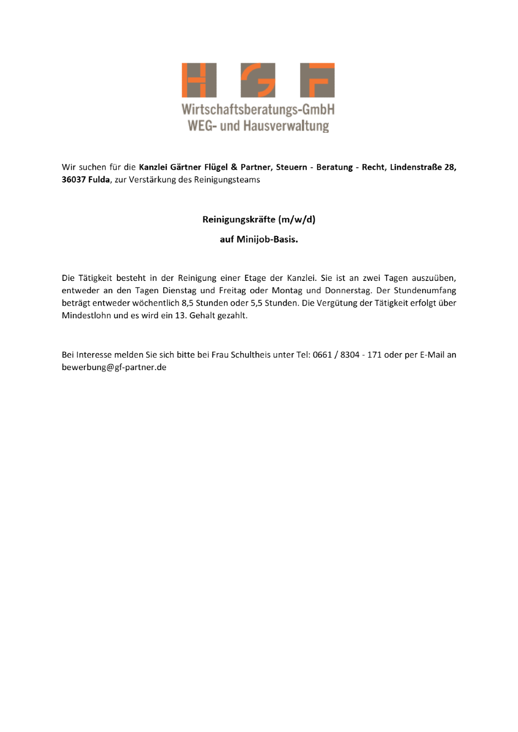 Reinigungskräfte (m/w/d)