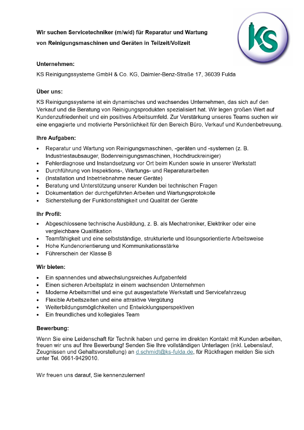 Servicetechniker (m/w/d) für Reparatur und Wartung von Reinigungsmaschinen und Geräten