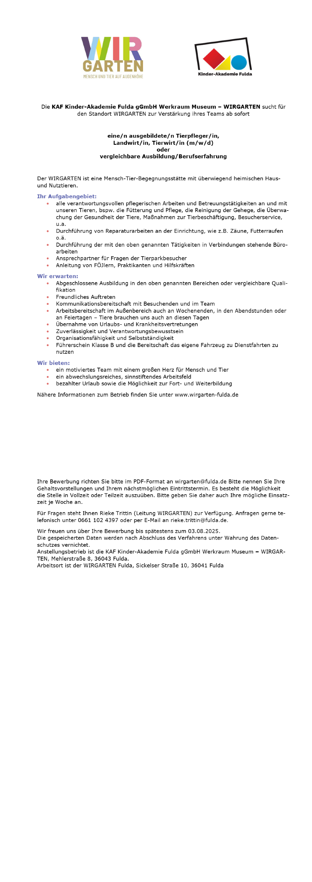 Ausgebildeter Tierpfleger/in, Landwirt/in oder Tierwirt/in (m/w/d) für den WIR-Garten