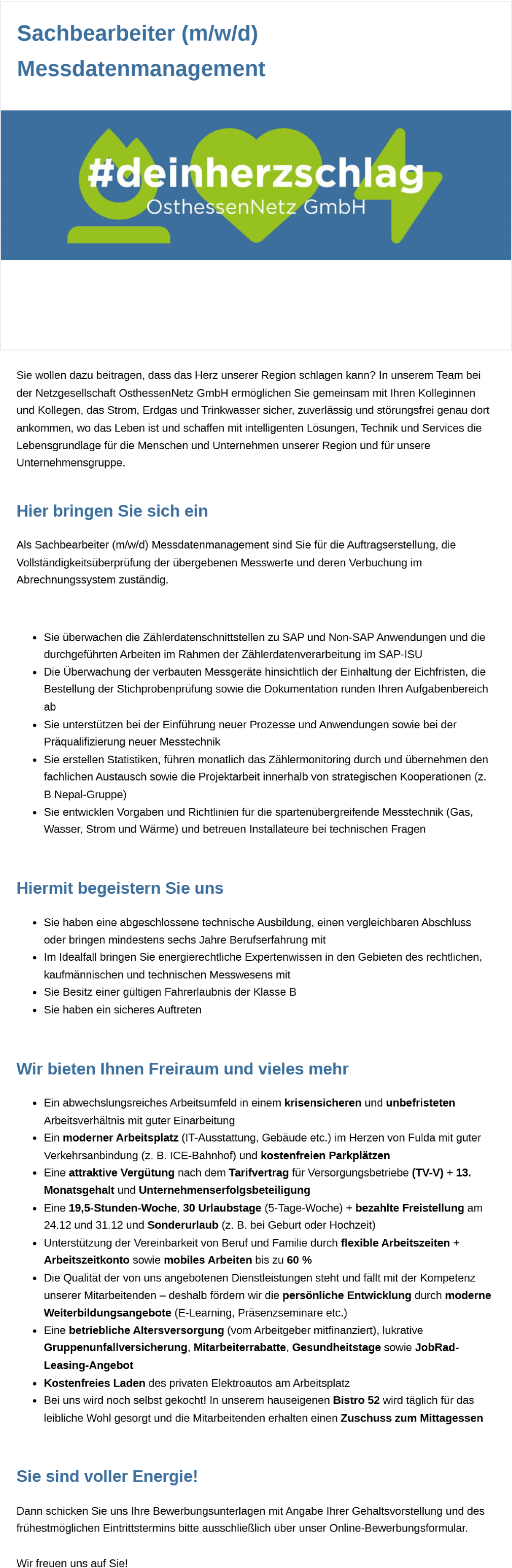 Sachbearbeiter (m/w/d) Messdatenmanagement