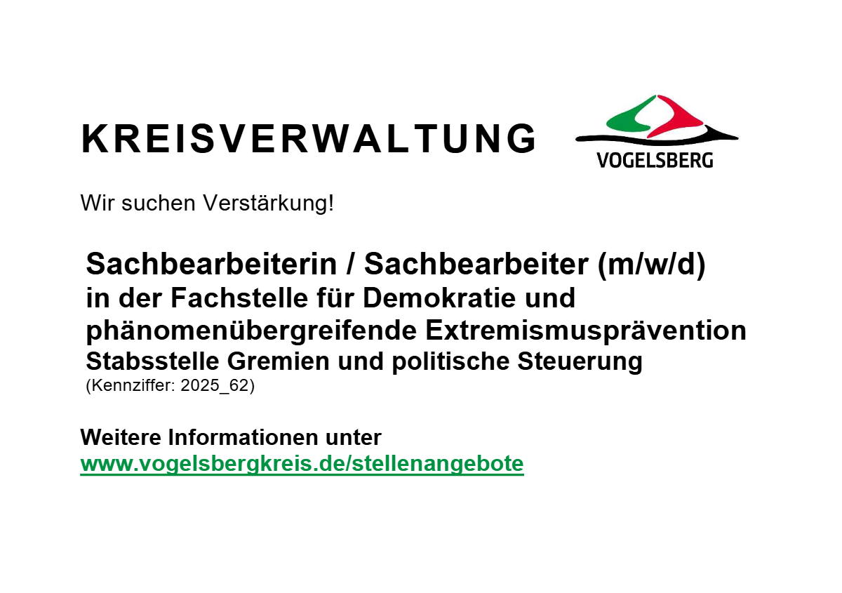 Sachbearbeiterin / Sachbearbeiter (m/w/d) in der Fachstelle für Demokratie und phänomenübergreifende Extremismusprävention