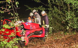 Unfallwagen mit eingeklemmten Fahrer nachts im Gebüsch entdeckt